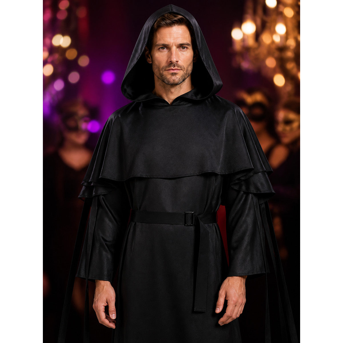 Black Hooded Wizard Robe Costume Set with Layered Shoulders and Belt on-model view