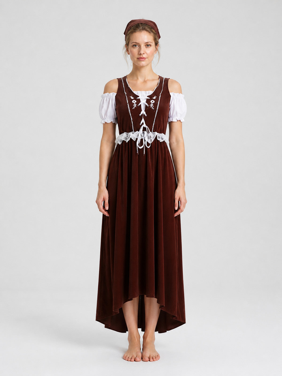 Long Brown and White Cosplay Dress with Lace on-model view