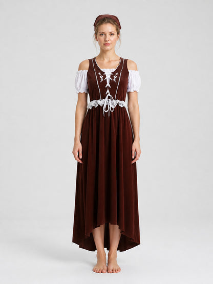 Long Brown and White Cosplay Dress with Lace on-model view