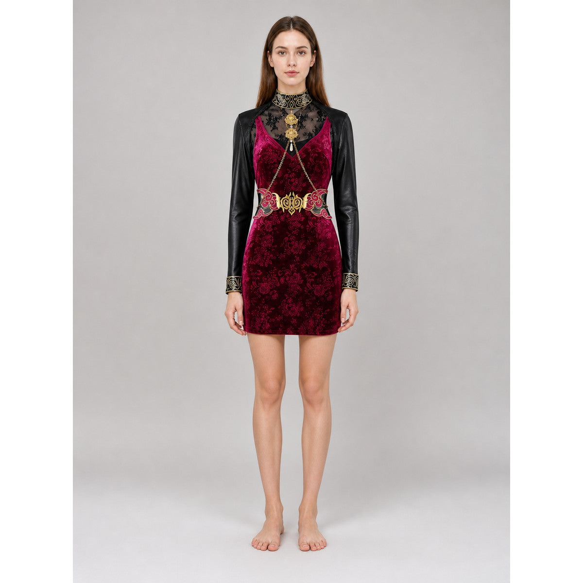 Ada Wong Cosplay Dress, Burgundy with Decorative Details