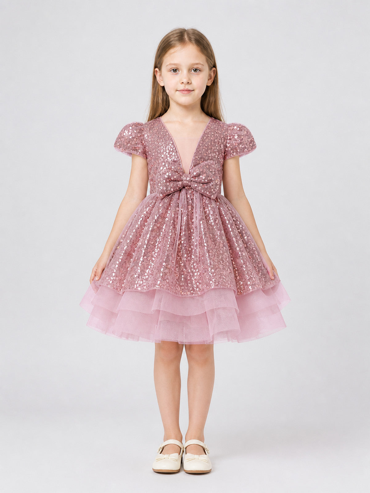 Girls' Sequin Party Dress with Bow for Birthdays on-model view