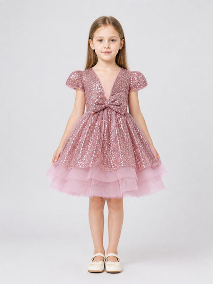Girls' Sequin Party Dress with Bow for Birthdays on-model view