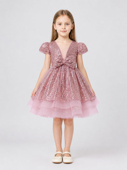 Girls' Sequin Party Dress with Bow for Birthdays on-model view