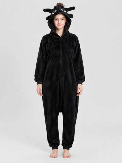 Black and white pajama jumpsuit with a hood and ears