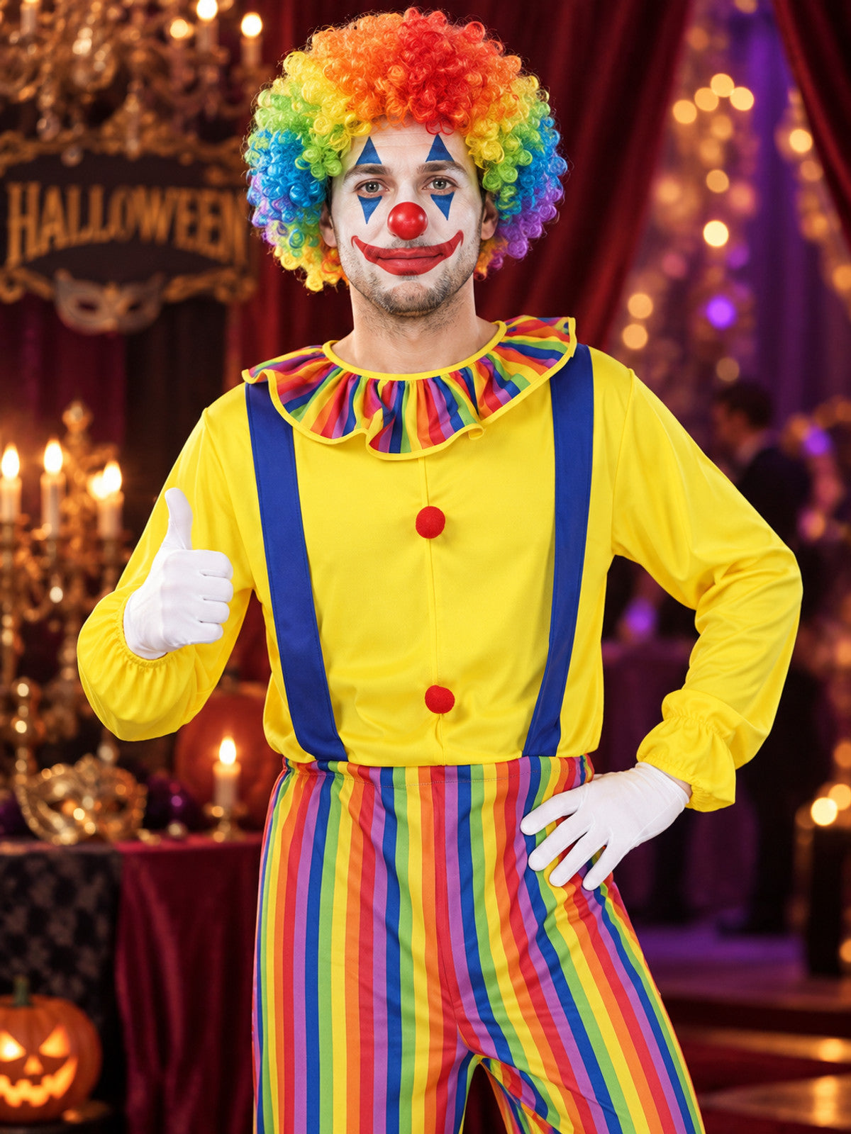 Adult Clown Costume, Jumpsuit with Ruffle and Suspenders