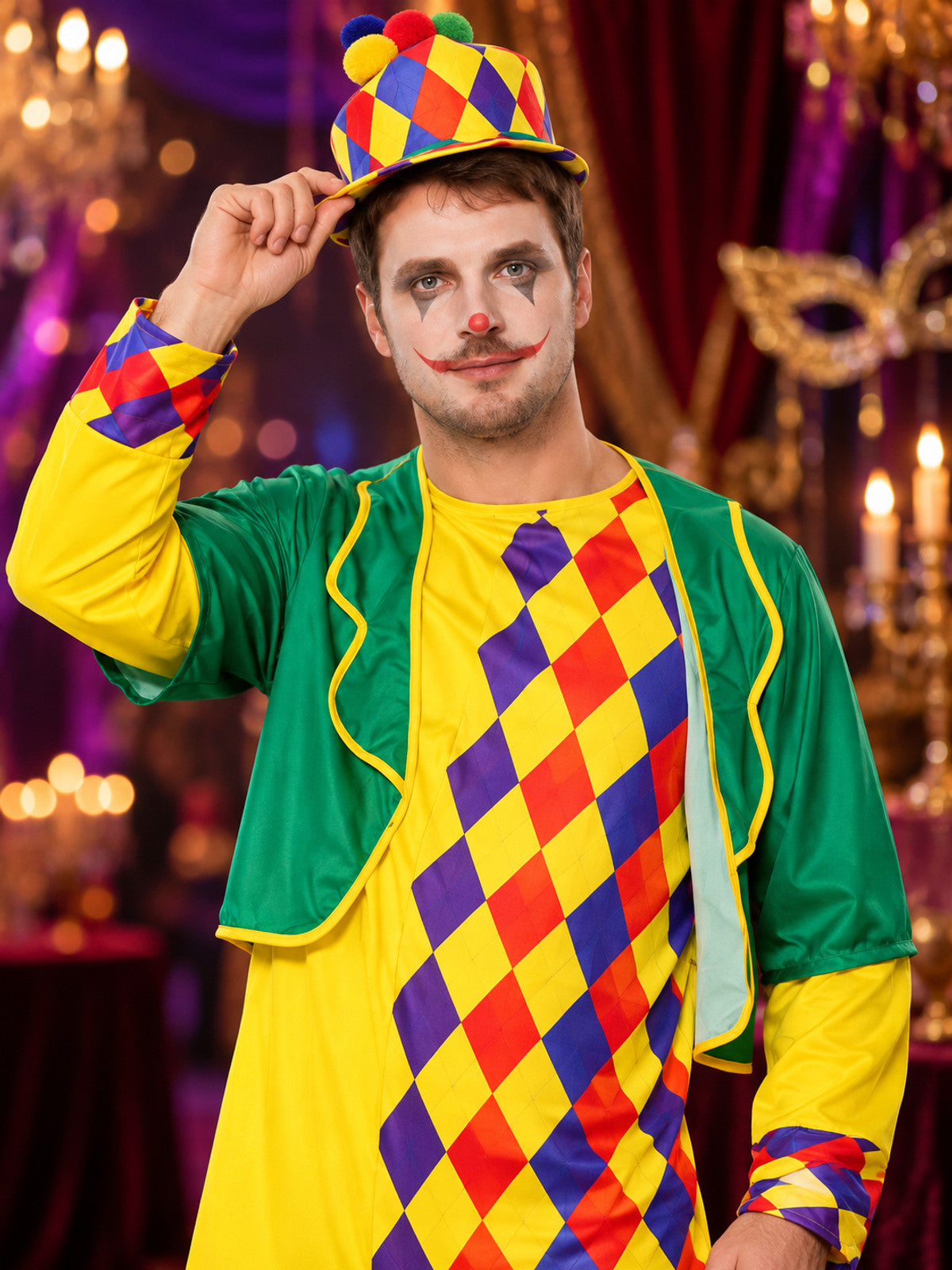Colorful clown costume with jumpsuit, jacket and hat