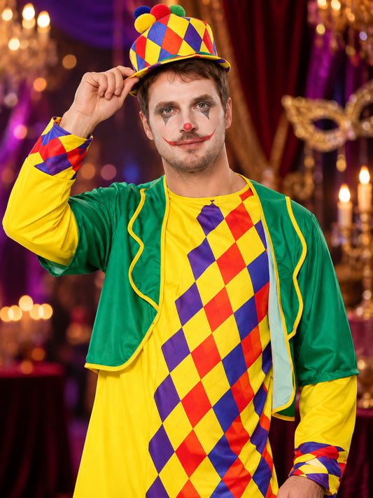 Colorful clown costume with jumpsuit, jacket and hat