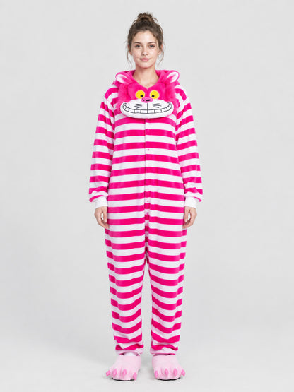 Bright pink hooded pajama jumpsuit with ears