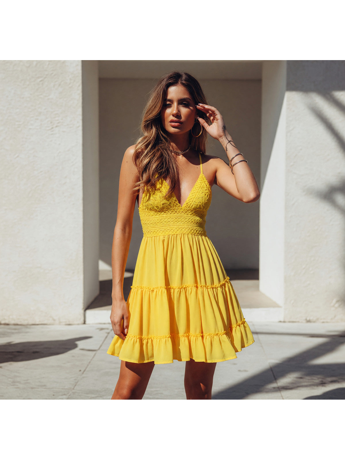 Yellow Women's V-Neck Spaghetti-Strap Dress with Ruffles main product view