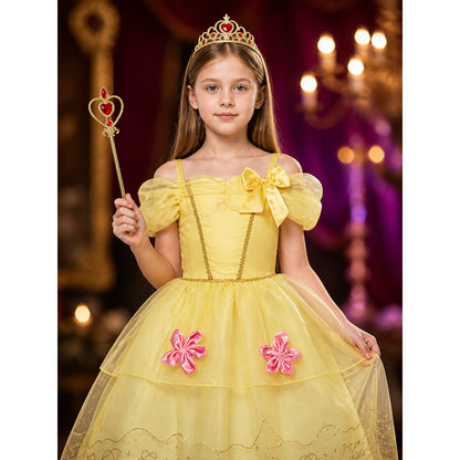 Girls Yellow Princess Dress Costume with Crown & Magic Wand, Layered Tulle for