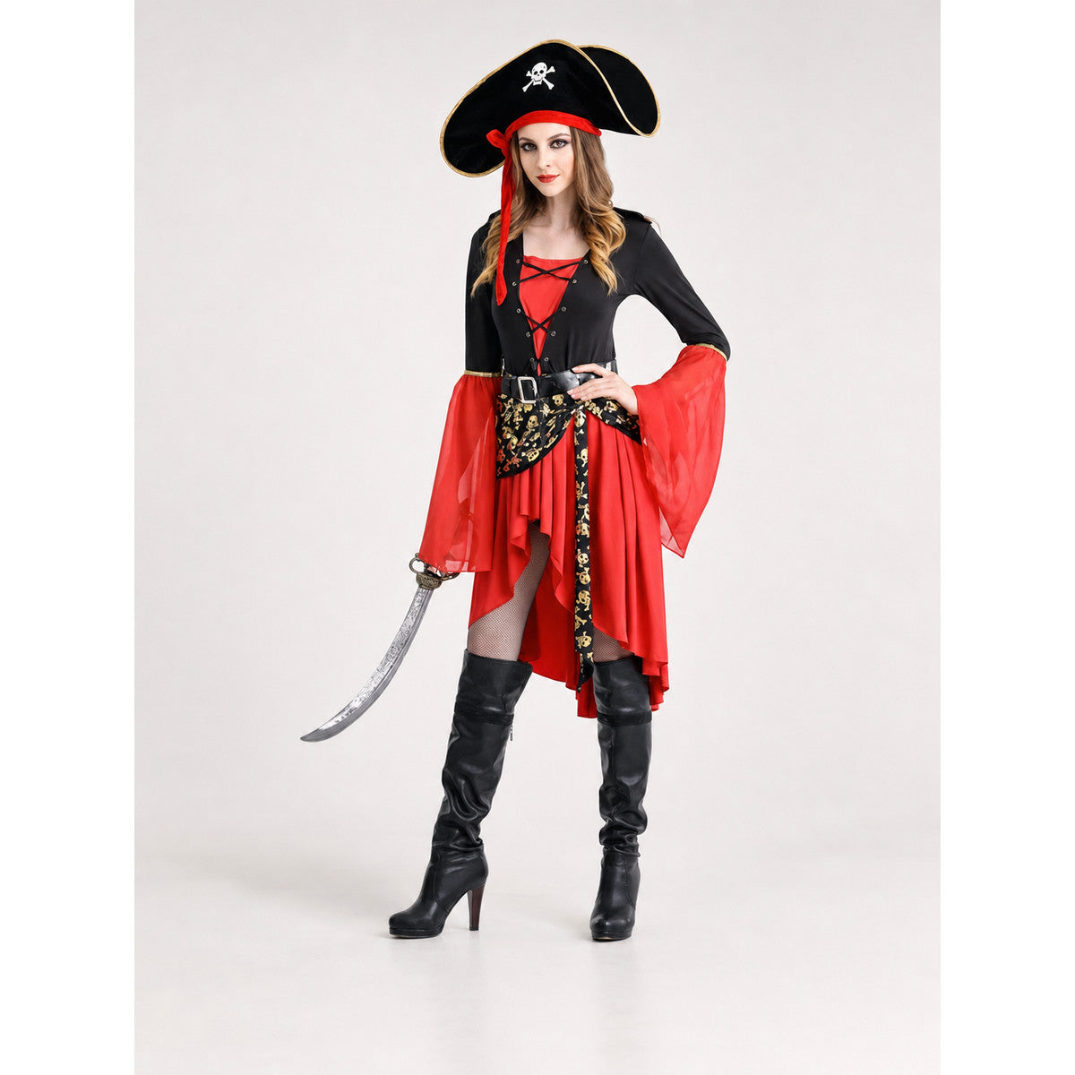 Pirate costume with hat and dress on-model view
