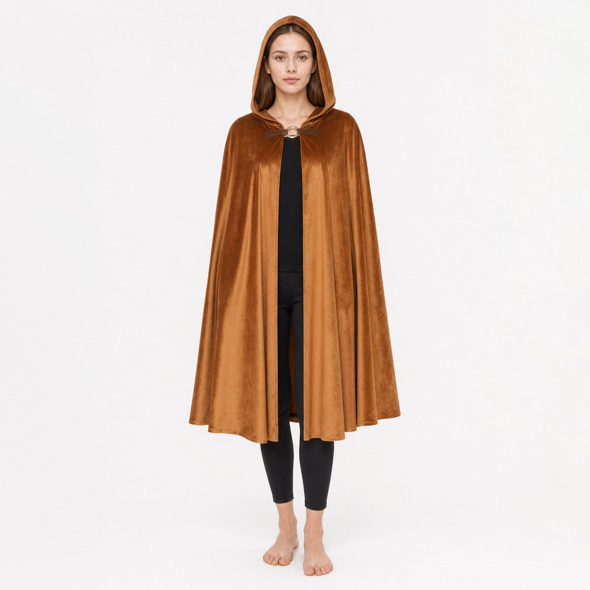 Halloween Medieval Warrior Hooded Cloak, Dark Brown Open Front Cape With Ring Clasp And Bow Strap For Cosplay Performance