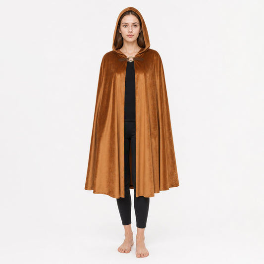 Halloween Medieval Warrior Hooded Cloak, Dark Brown Open Front Cape With Ring Clasp And Bow Strap For Cosplay Performance
