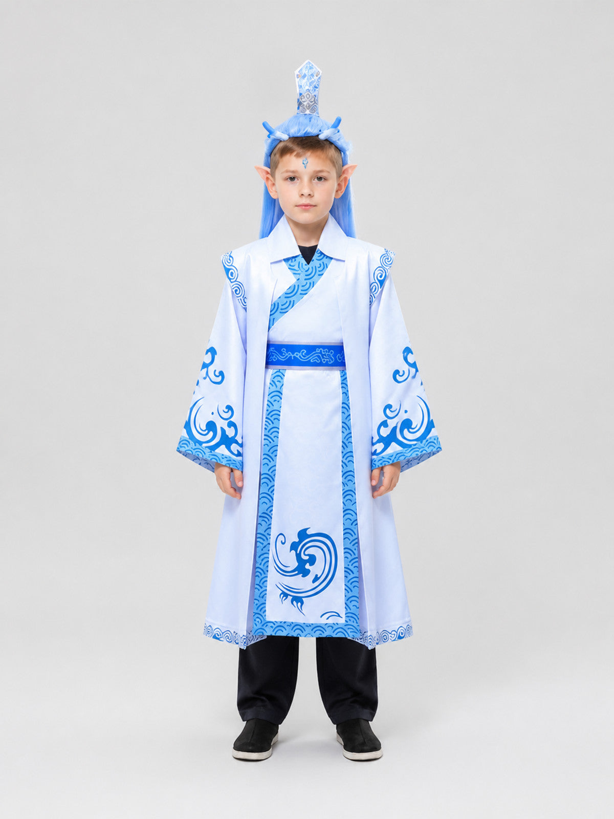Ao Bing Cosplay Costume, White Robe with Blue Patterns on-model view