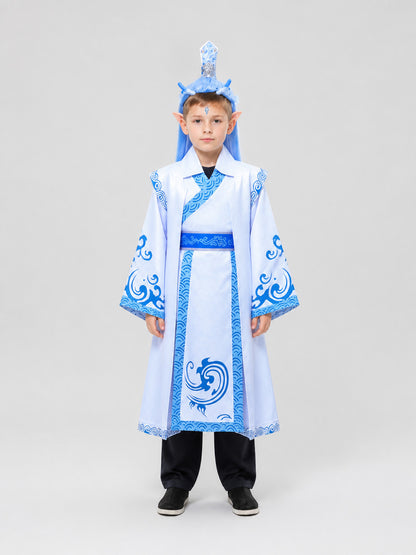 Ao Bing Cosplay Costume, White Robe with Blue Patterns on-model view