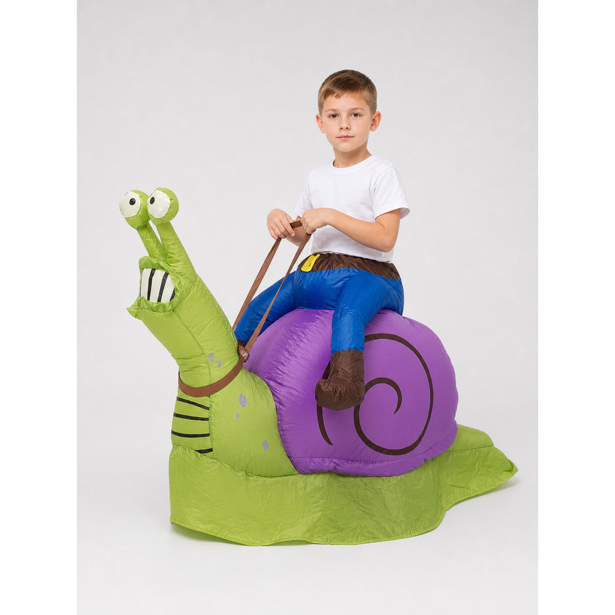 Inflatable snail costume with shell and hood on-model view