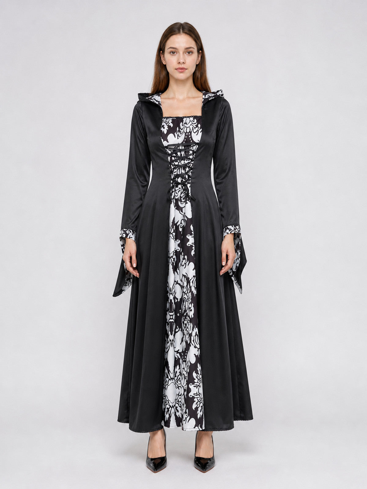 Black-and-White Gothic Hooded Dress on-model view