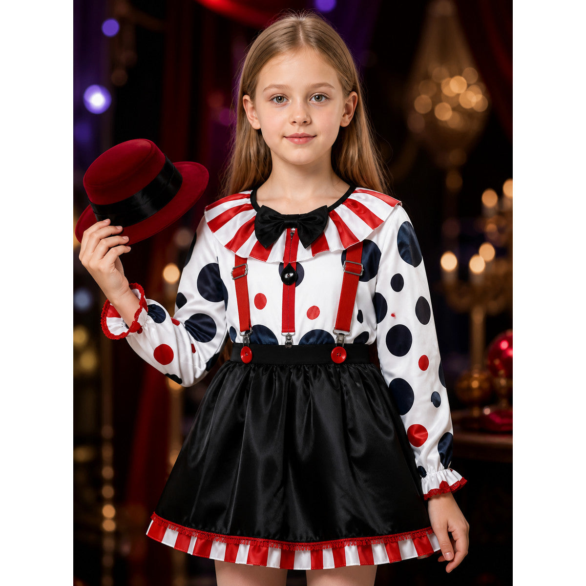 Women's Clown Costume Set with Striped Top and Polkadot Skirt, Jester Hat for on-model view