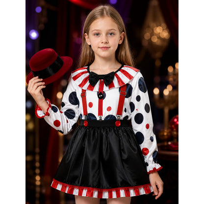 Women's Clown Costume Set with Striped Top and Polkadot Skirt, Jester Hat for on-model view