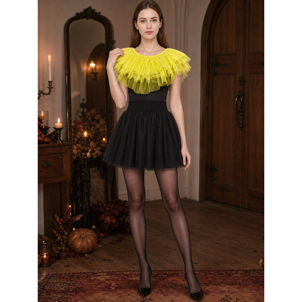 Yellow Feather Shoulder Shawl, Short Draped Wrap With Dense Feather Trim, Front-Covering Shoulder Design, Dress Up Accessory