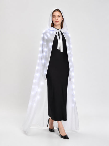 White translucent hooded cape with illuminated lights, shown full-body on a model over a black dress