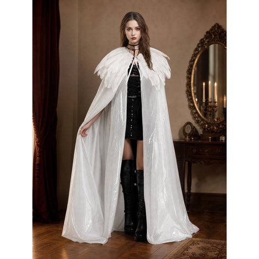 White Velvet Cape with Feather Trim, Maxi