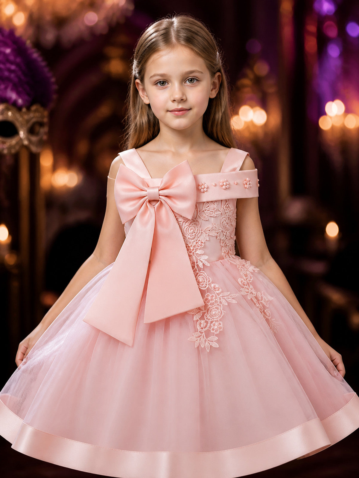 Girls' Princess Party Dress, Layered Tulle Skirt with Bow and Lace Embroidery on-model view