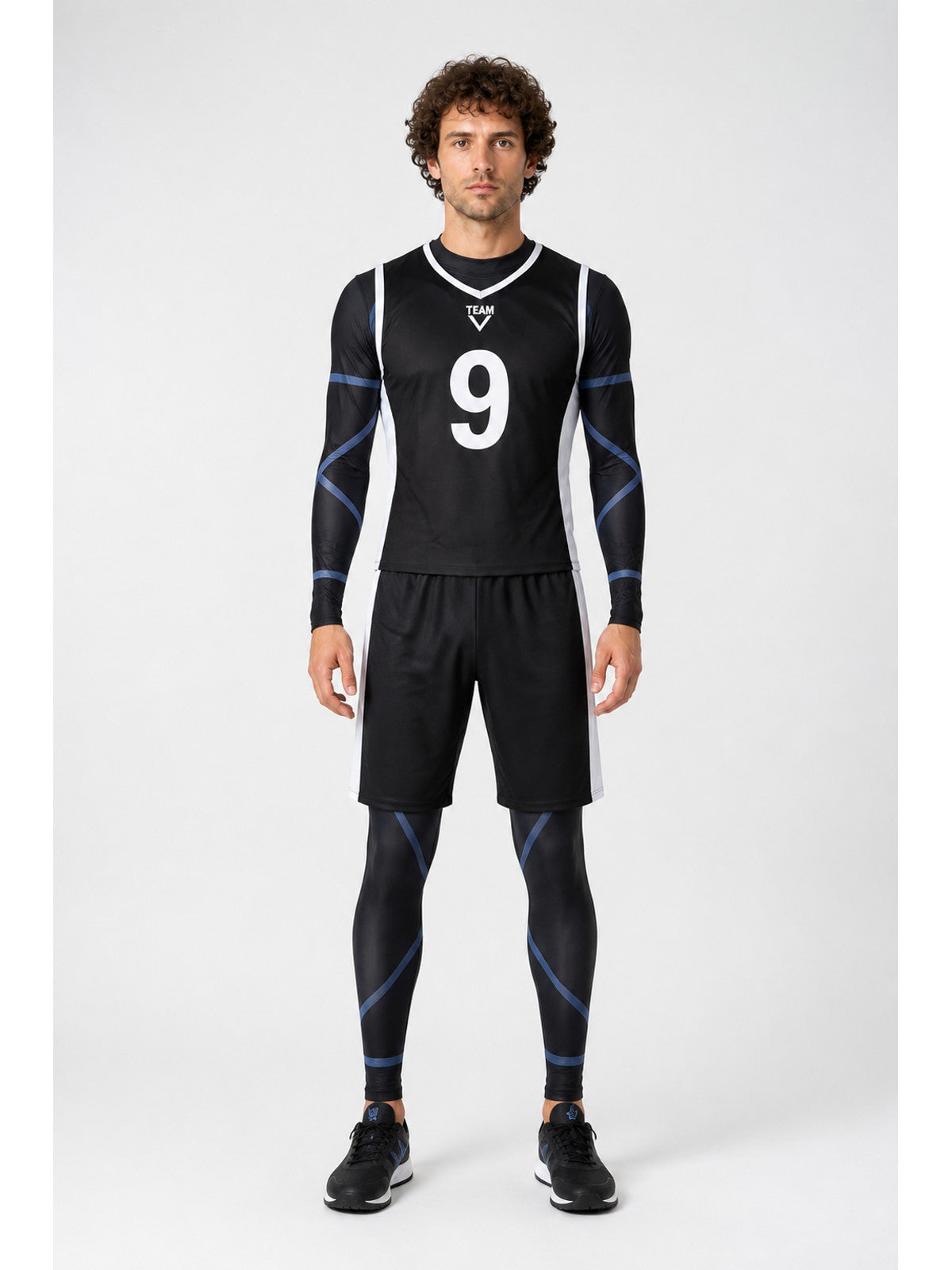 Soccer cosplay costume with No. 9, blue and white