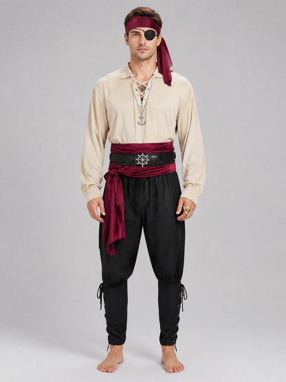 Men's pirate costume with burgundy accessories on-model view