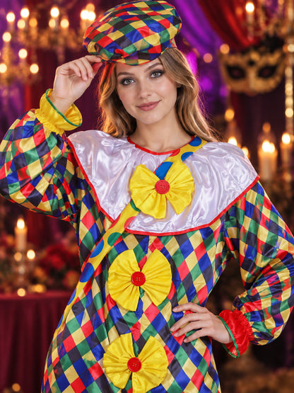 Clown Costume with Hat, Multicolor, Diamond Pattern, with Bows
