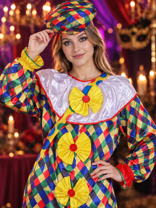 Clown Costume with Hat, Multicolor, Diamond Pattern, with Bows