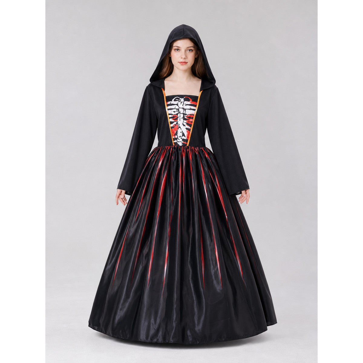 Gothic Hooded Skeleton Costume Dress front view