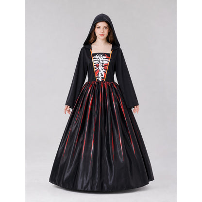 Gothic Hooded Skeleton Costume Dress front view