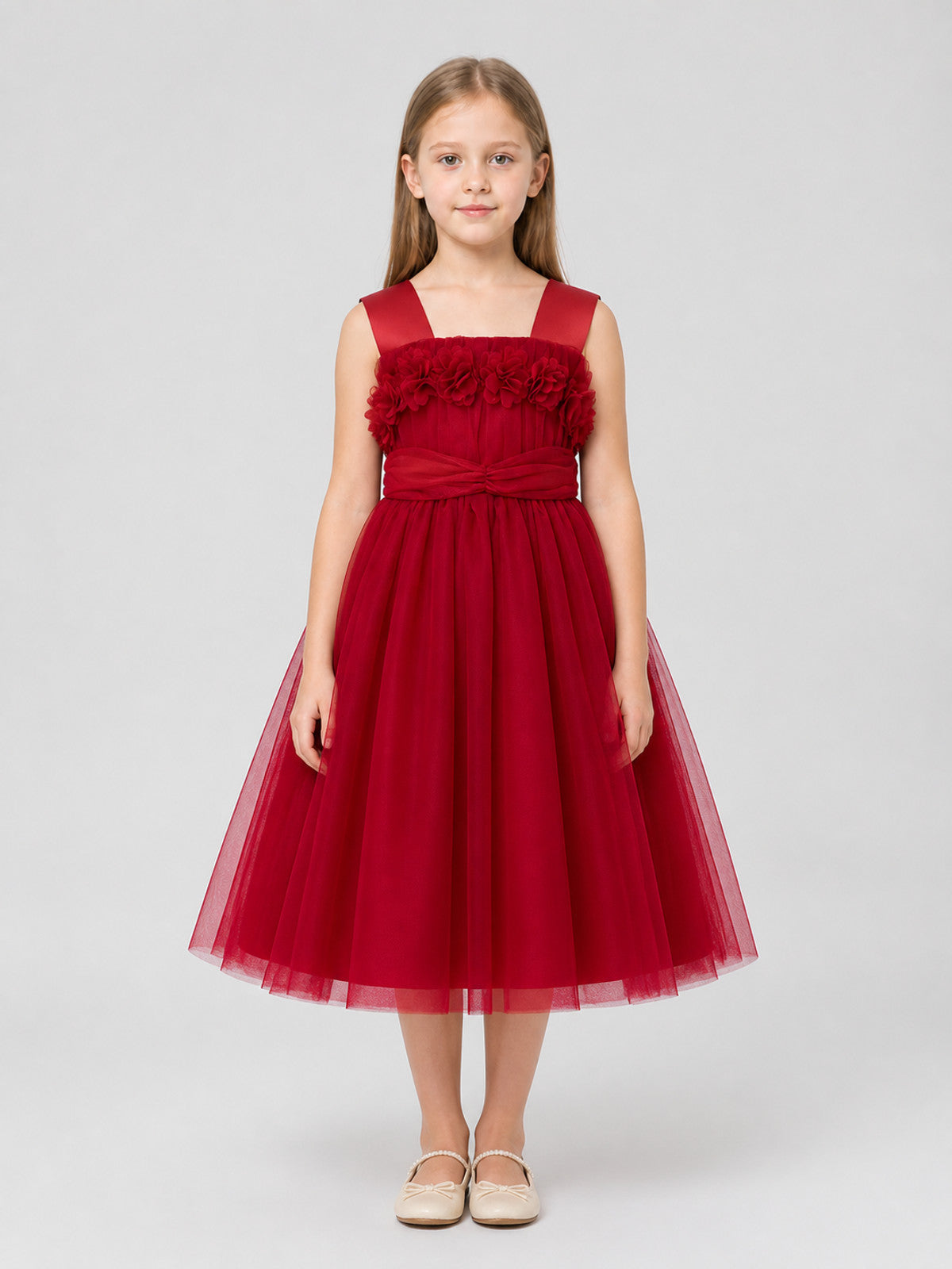 Children’s dressy dress with shoulder straps and a full skirt on-model view