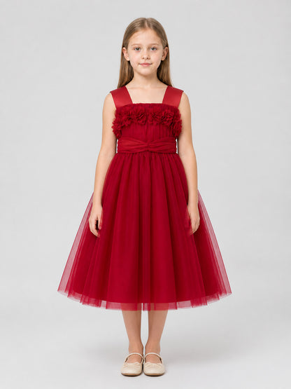 Children’s dressy dress with shoulder straps and a full skirt on-model view