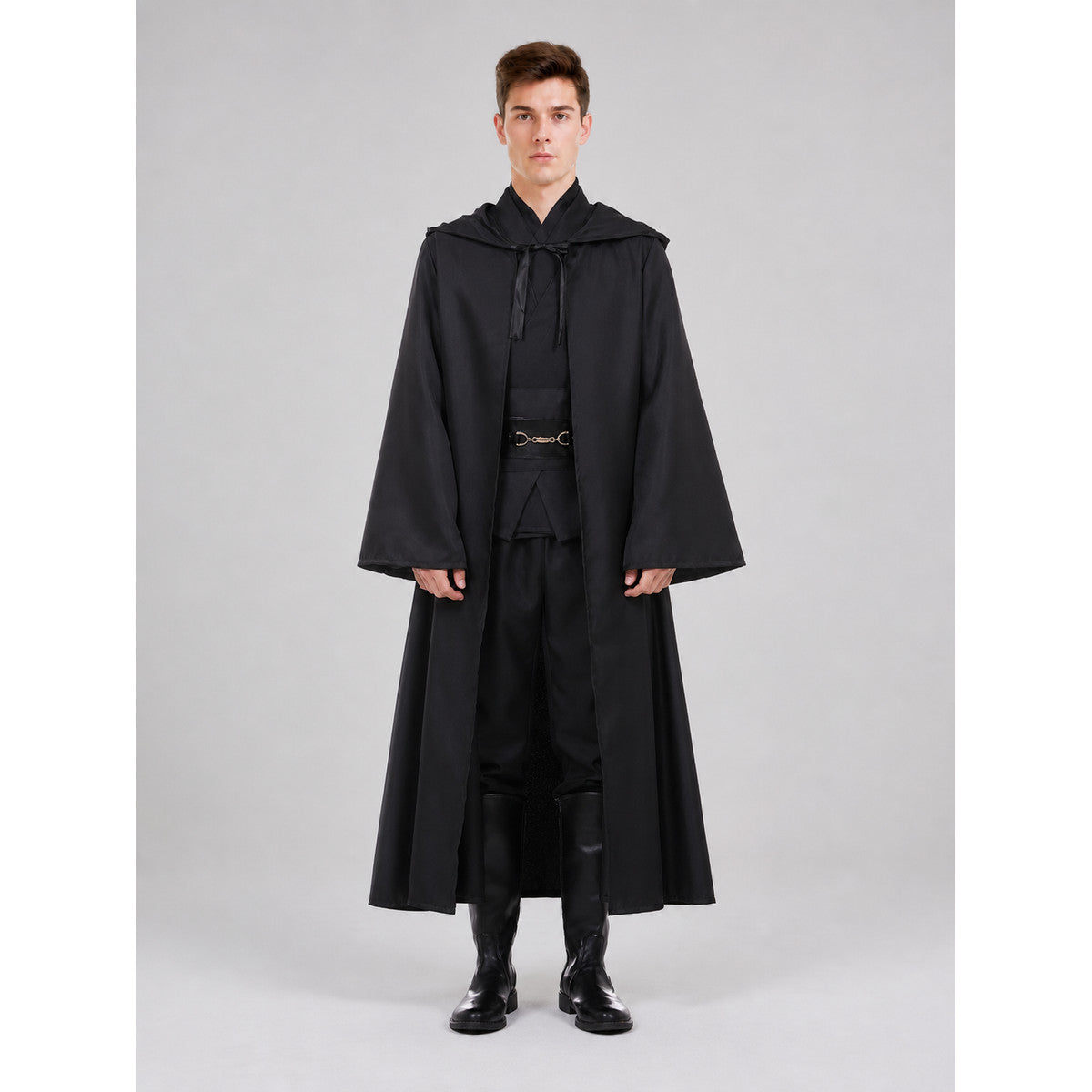 Costume set with a long robe and hood on-model view