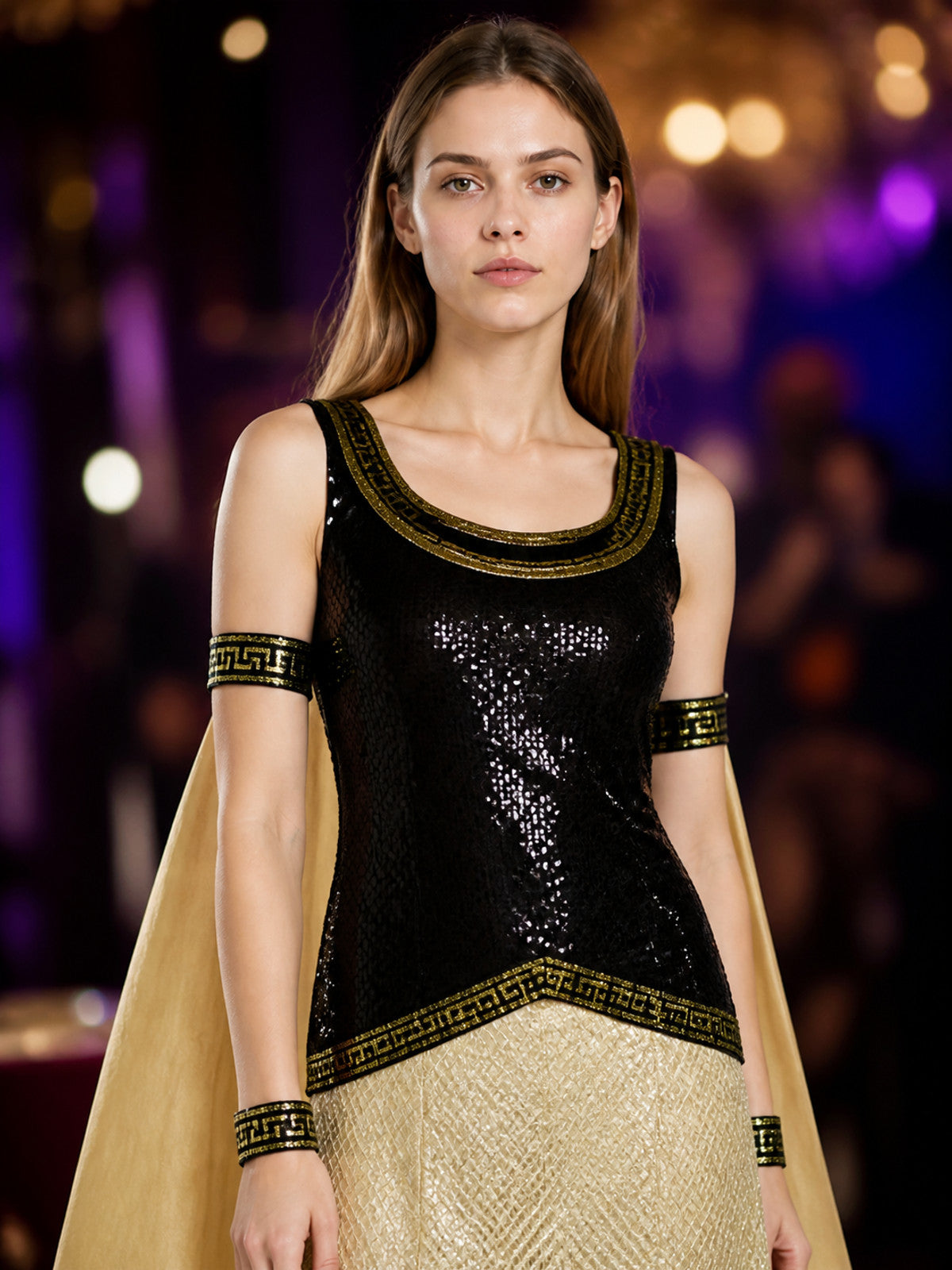 Cleopatra Costume, Black Sequined Top With Gold Long Skirt And Flowing Cape on-model view