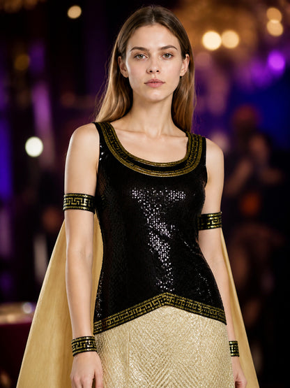 Cleopatra Costume, Black Sequined Top With Gold Long Skirt And Flowing Cape on-model view