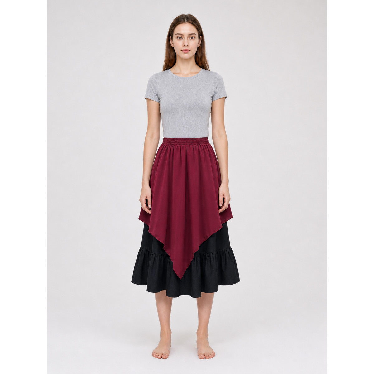 Multi-Tiered Burgundy-Black Skirt with an Asymmetrical Hem