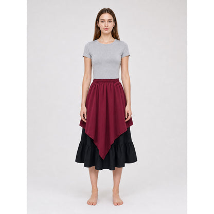 Multi-Tiered Burgundy-Black Skirt with an Asymmetrical Hem