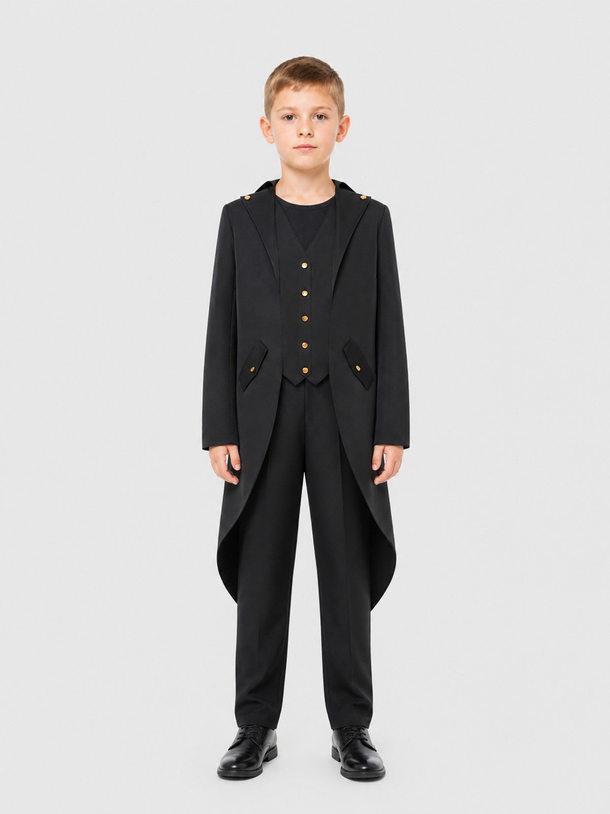 Tailcoat jacket with tails, long sleeves, and lapels on-model view
