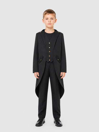 Tailcoat jacket with tails, long sleeves, and lapels on-model view