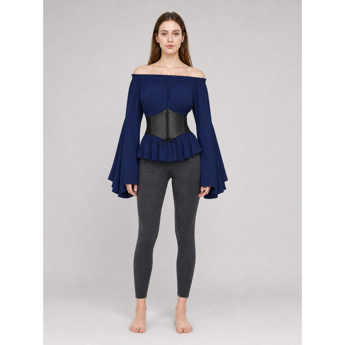 Dark Blue Peplum Blouse with Lace-Up Belt