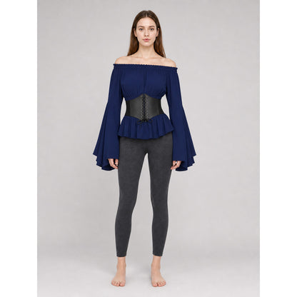Dark Blue Peplum Blouse with Lace-Up Belt