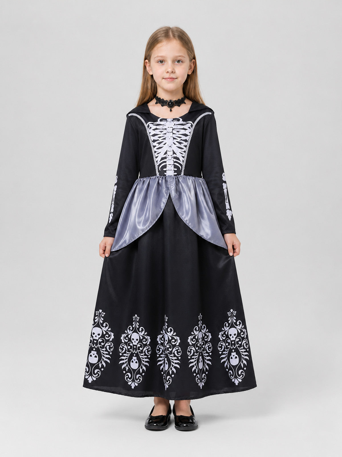Children's Halloween Dress Costume with Hood and Skeleton on-model view
