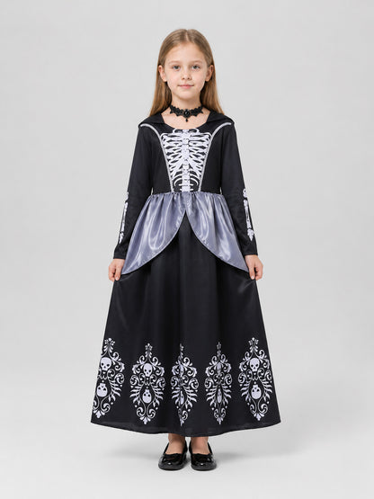 Children's Halloween Dress Costume with Hood and Skeleton on-model view