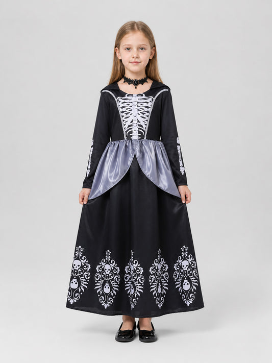 Children's Halloween Dress Costume with Hood and Skeleton on-model view