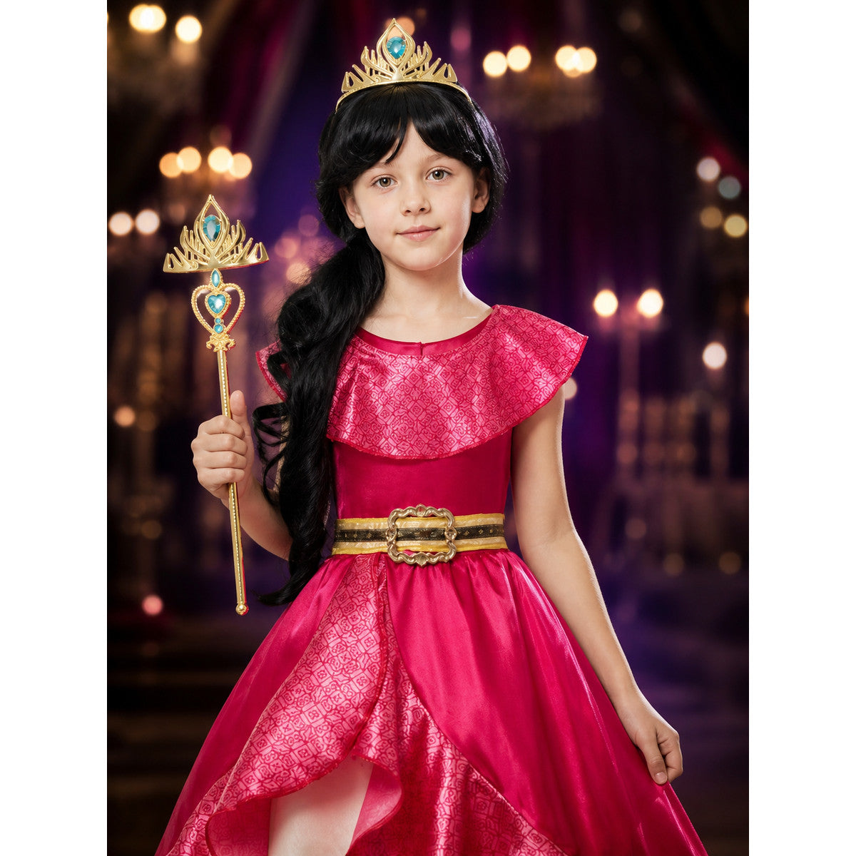 Girls Princess Halloween Costume Set with Dress, Crown, Wig and Magic Wand on-model view