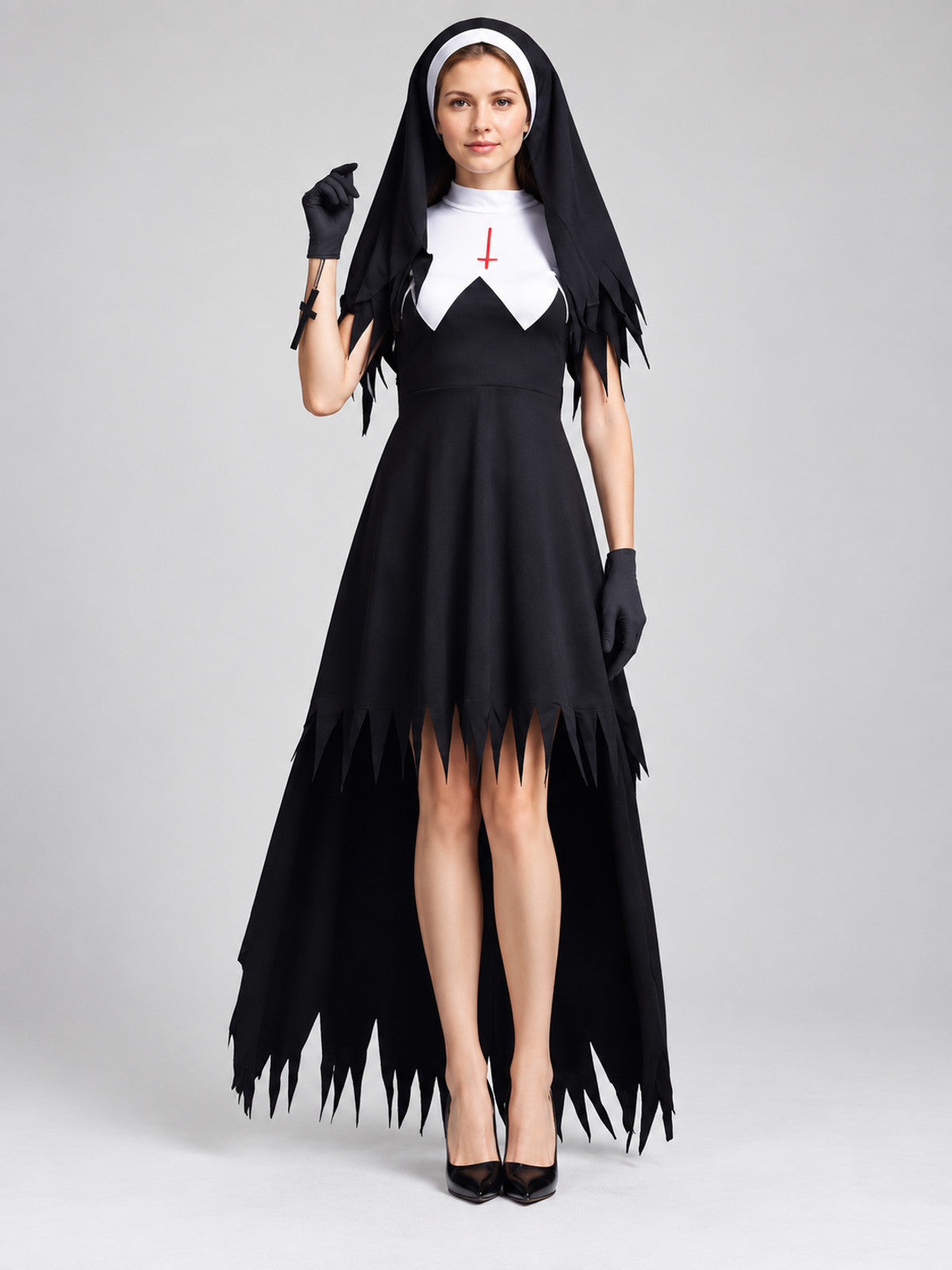 Nun Costume with Black Veil on-model view