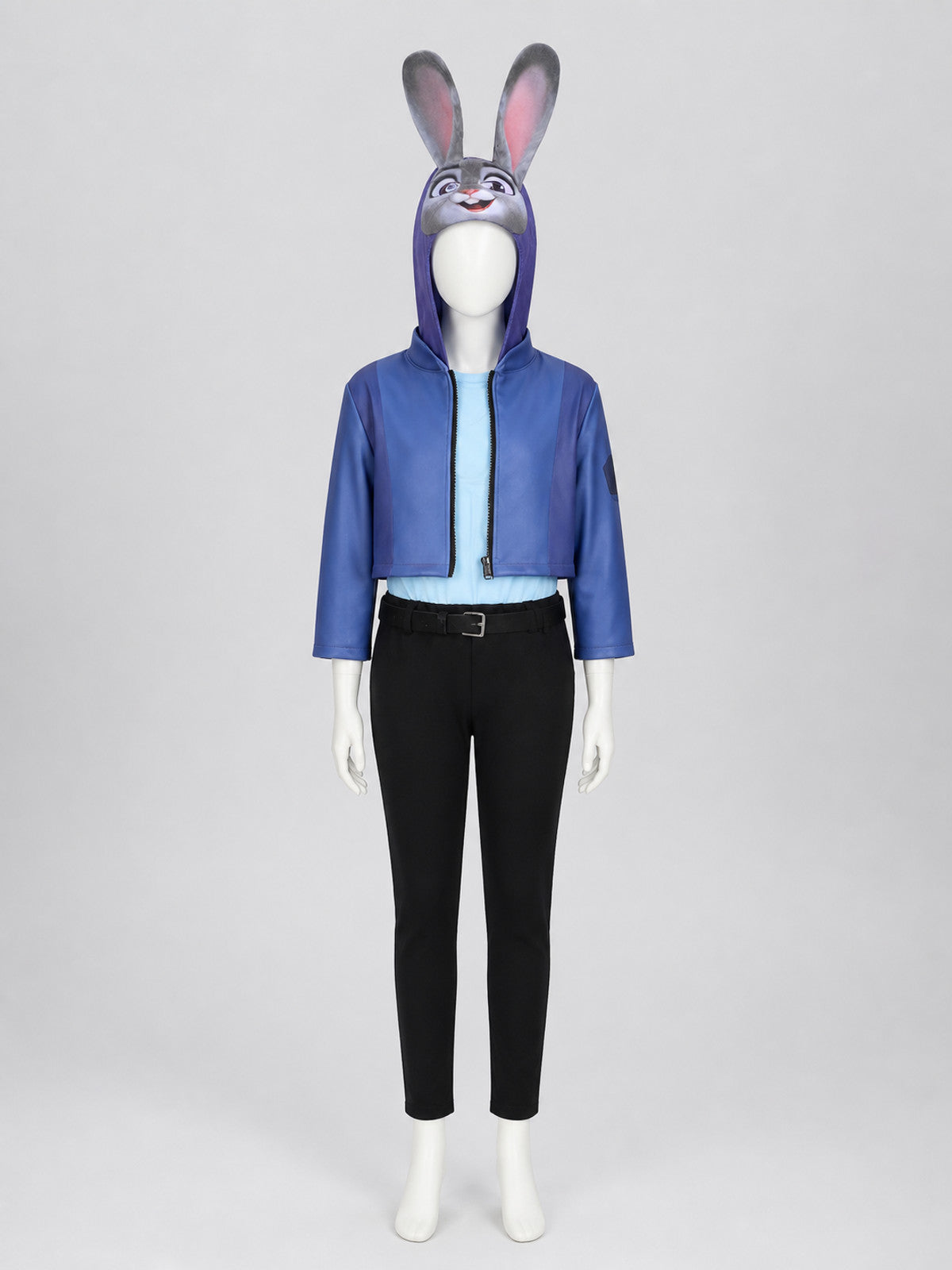 Judy Rabbit Cosplay Costume with Eared Hat and Belt on-model view